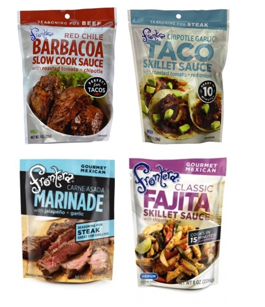 Frontera Gourmet Mexican Simmer Marinade Sauce Pouch 4 Flavor Variety Bundle, 1 each: Red Chile Barbacoa, Classic Fajitas, Chipotle Garlic Taco, Carne Asada (6-8 Ounces)