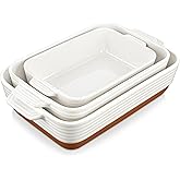 MALACASA Casserole Dishes for Oven, Ceramic Baking Dishes Set of 3, Baking Pan Casserole Dish Set, Rectangular Lasagna Pan Deep with Handles for Baking, Khaki White (14.5''/13''/10.5''), Series TARA