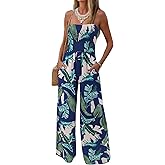 AUXDIO Womens Casual Strapless Summer Jumpsuits Loose Off Shoulder Smocked Sleeveless Wide Leg Romper with Pockets