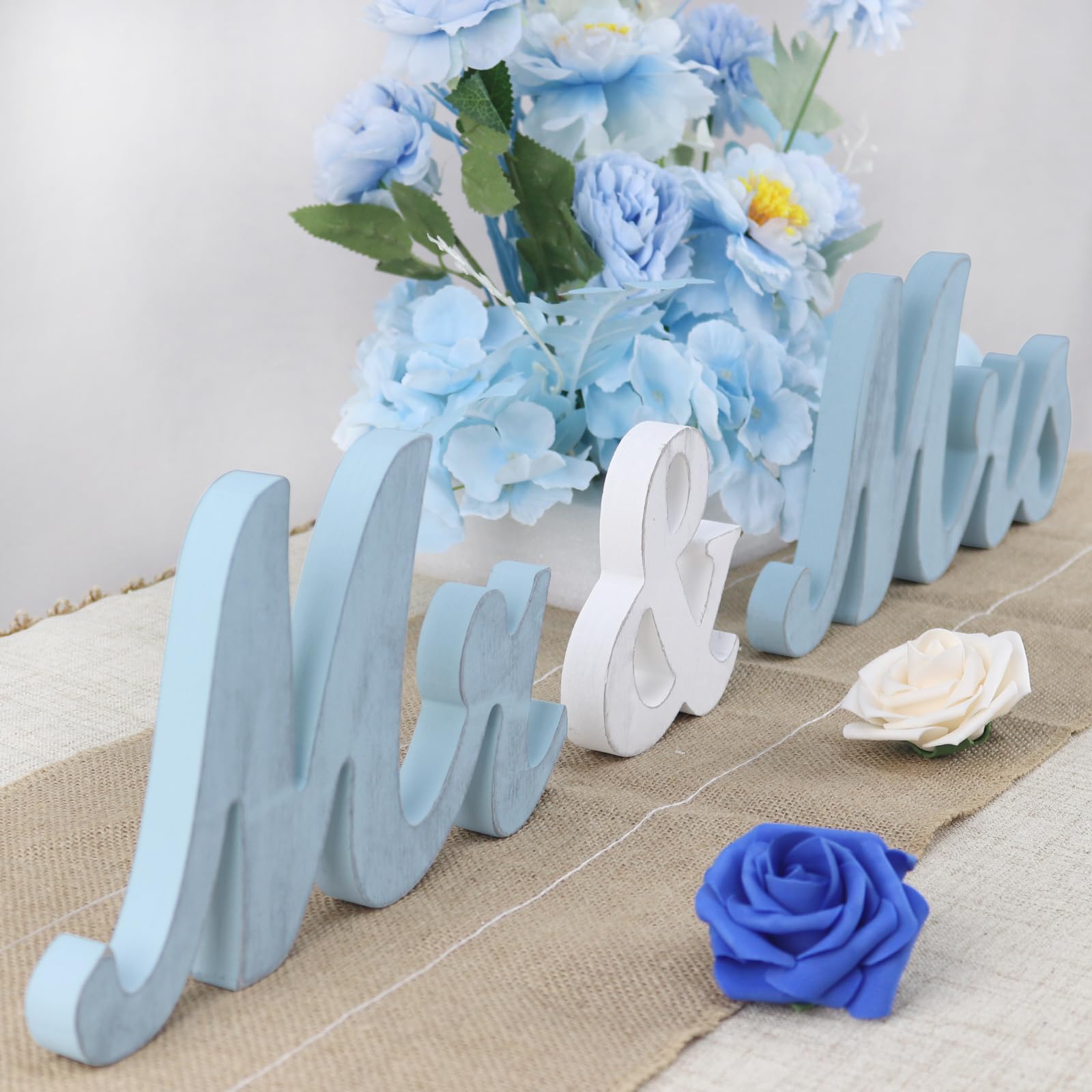 Photo 1 of *Dirty item* WANTMAZOR Mr and Mrs Signs Wedding Table Decorations, Wooden Freestanding Letters for Photo Props, Rustic Wedding Decoration, Anniversary Wedding Shower Gift (Classical blue + banner)