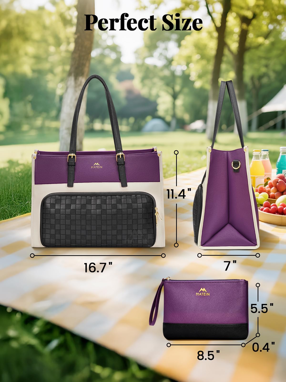 MATEIN Lunch Tote Bag for Women, 15.6 Inch PU Leather Laptop Briefcase with Insulated Lunch Compartment, Large Capacity Professional Computer Work Handbag with Purse for Office Nurse Teacher, 2 Sets