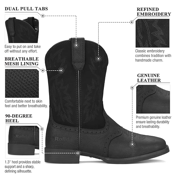ROLLDA LEATHER COWBOY BOOTS FOR MEN WESTERN BOOTS SQUARE TOE CHUNKY HEEL MID-CALF BOOTS CLASSIC EMBROIDERED WITH PULL ON TABS BLACK SIZE 8