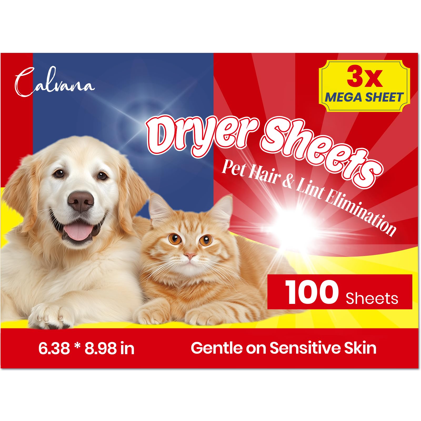 Photo 1 of (100-Pack) Calvana Pet Hair & Lint Guard Mega Dryer Sheets, Wrinkle & Static Reduction, Free of Synthetic Fragrances and Harsh Chemicals, 6.38 * 8.98 in, Gentle on Sensitive Skin