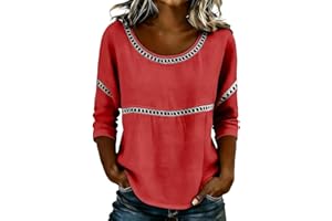 Shirts for Women 3/4 Sleeve Lace Panel Casual Dressy Comfy Blouses Vintage Trendy Shirt Round Neck Loose Fit Tunic