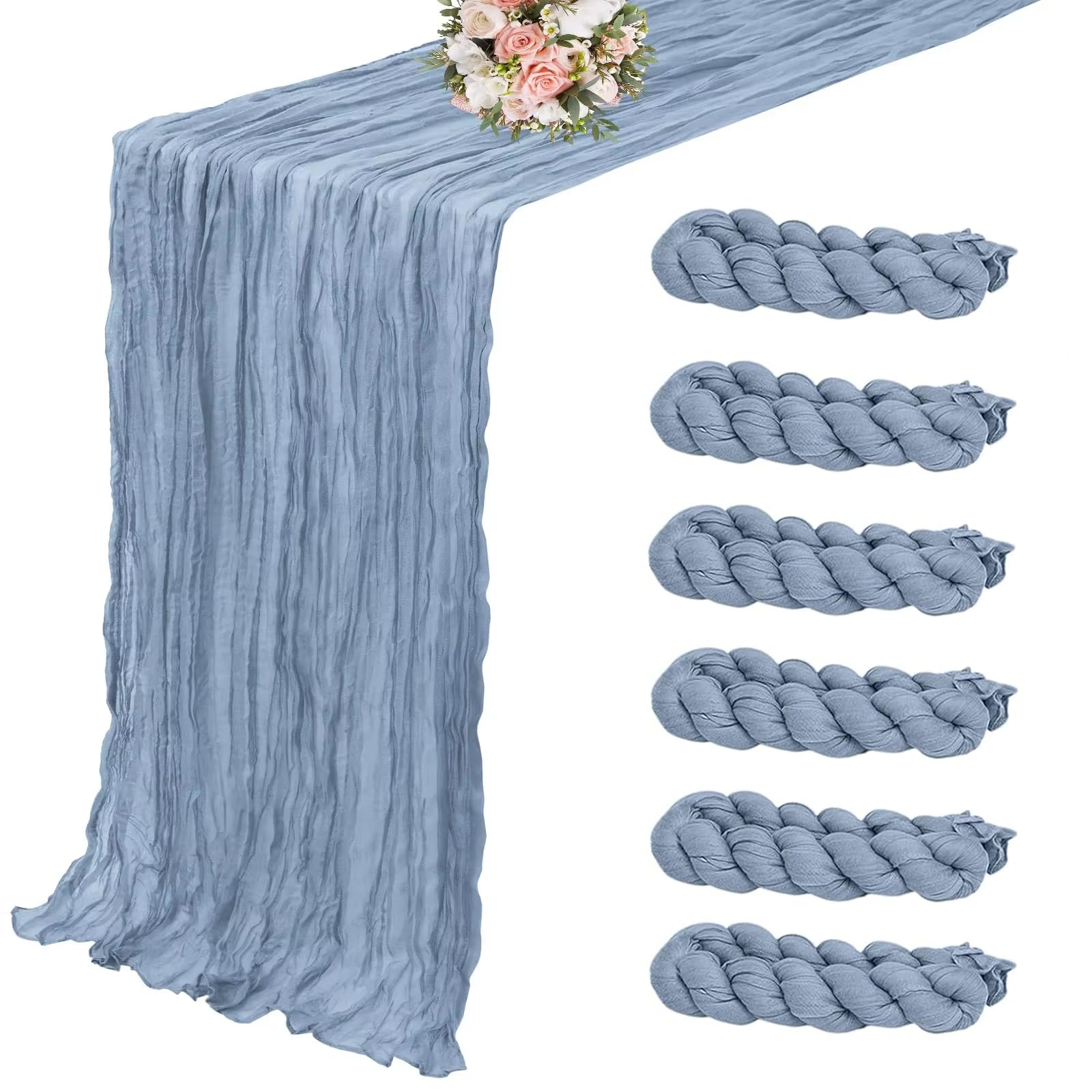 Photo 1 of 6 Pack Dusty Blue Cheesecloth Table Runner, 35 x 120 Inch Dusty Blue Cheese Cloth Table Runner, 10FT Boho Gauze Spring Table Runners for Wedding Bridal Baby Shower Birthday Party