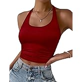 Ekouaer Women Halter Top Backless Scroop Neck Slim Stretchy Ribbed Knit Camisole Crop Tops S-XXL