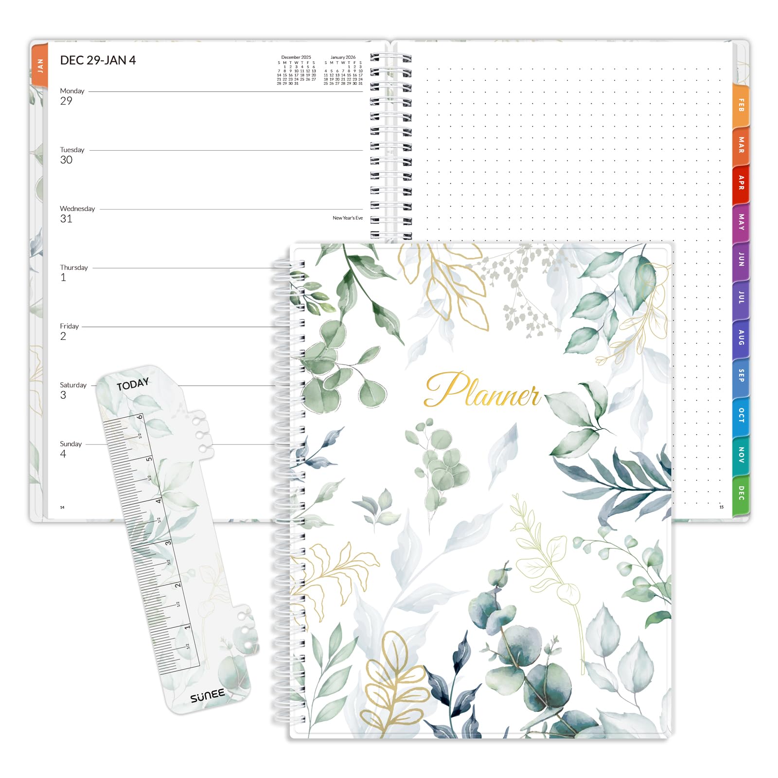 Photo 1 of SUNEE 2026 Planner, Weekly and Monthly Calendar Planner, January 2026-December 2026, Daily Agenda with Tabs, Note Pages, Spiral Binding, 8.5"x11", Leaf