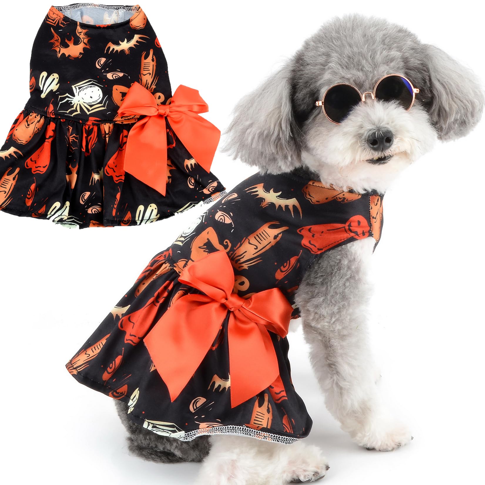 Zunea Halloween Dog Dresses for Small Dogs Cats Scary Ghosts Bat Spider Print Puppy Girl Halloween Costumes Fancy Dress Soft Pet Skirt with Bow Knot Chihuahua Yorkie Festival Clothes Outfits Black L