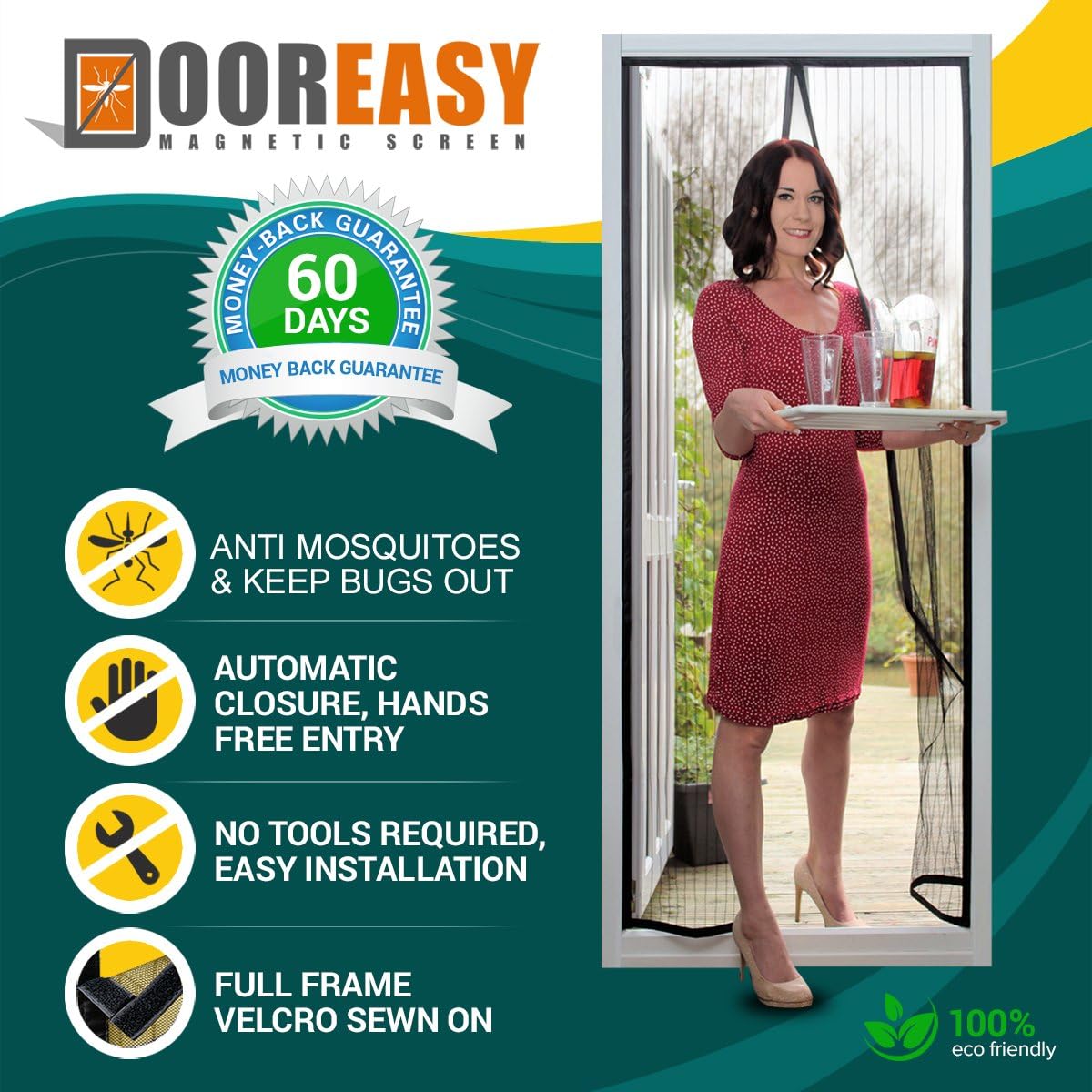 Magnetic Doorway Screen with Full-Length Magnets, Make No More Gaps. Solid Thicker Mesh Keep Smallest Bugs Out- Full Frame Fastener Loop door Mesh Fits Doors Up To 34" x 82" MAX. (Black)