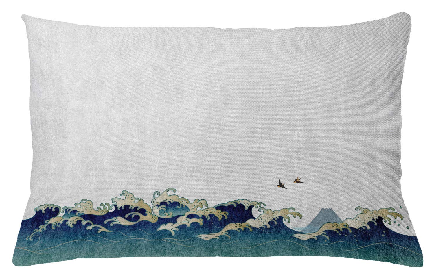 ABAKUHAUS Japanese Wave Throw Pillow Cushion Cover, Aquatic Swirls Birds of Ocean Ukiyo-e Style Artwork Greyscale Background, Decorative Square Accent Pillow Case, 26" W By 16" L, Grey Blue Cream