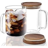 DRASTAR Glass Coffee Mugs, 20 oz Clear Coffee Cups, Coffee Mug with Acacia Wood Lid, Tea Glass Cups with Handles, Large Coffee Mug Set of 2, Glass Coffee Cups for Latte, Espresso, Tea