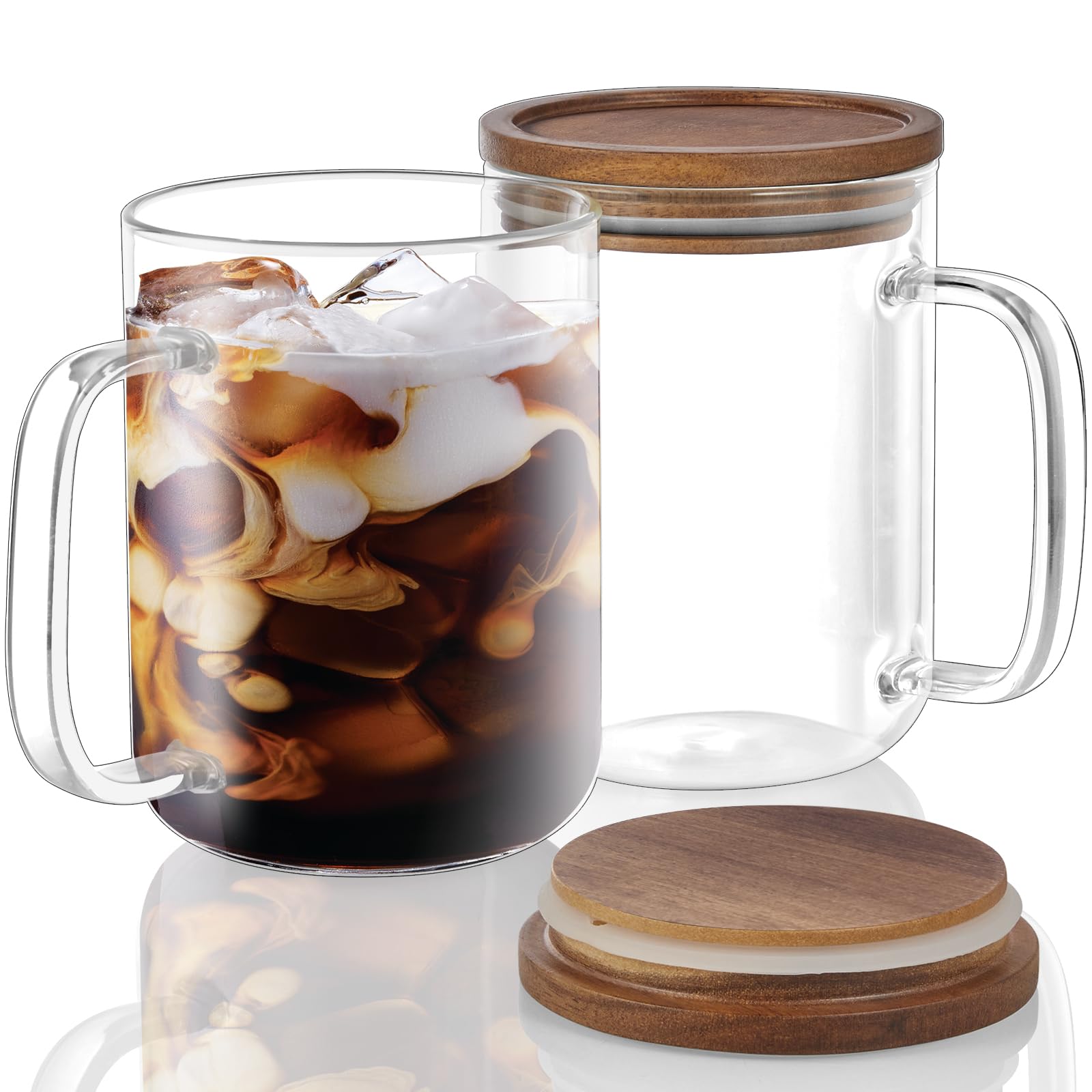Photo 1 of DRASTAR Glass Coffee Mugs, 20 oz Clear Coffee Cups with Acacia Wood Lid, Large Coffee Mug Set of 2, Tea Glass Cups with Handles, Glass Coffee Cups for Latte, Espresso, Tea