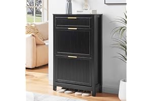 VIPLUMI 2 Flip Drawers Shoe Cabinet Storage for Entryway, Narrow Hidden Shoes Organizer for Front Door Entrance, Free Standing Shoes Cabinet Wooden Hallway Shoe Rack(Black)