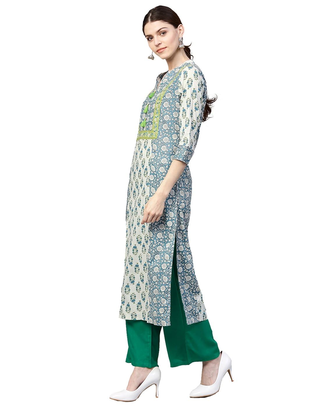 jaipur kurti women blue & green ethnic motifs straight cotton kurta with palazzo