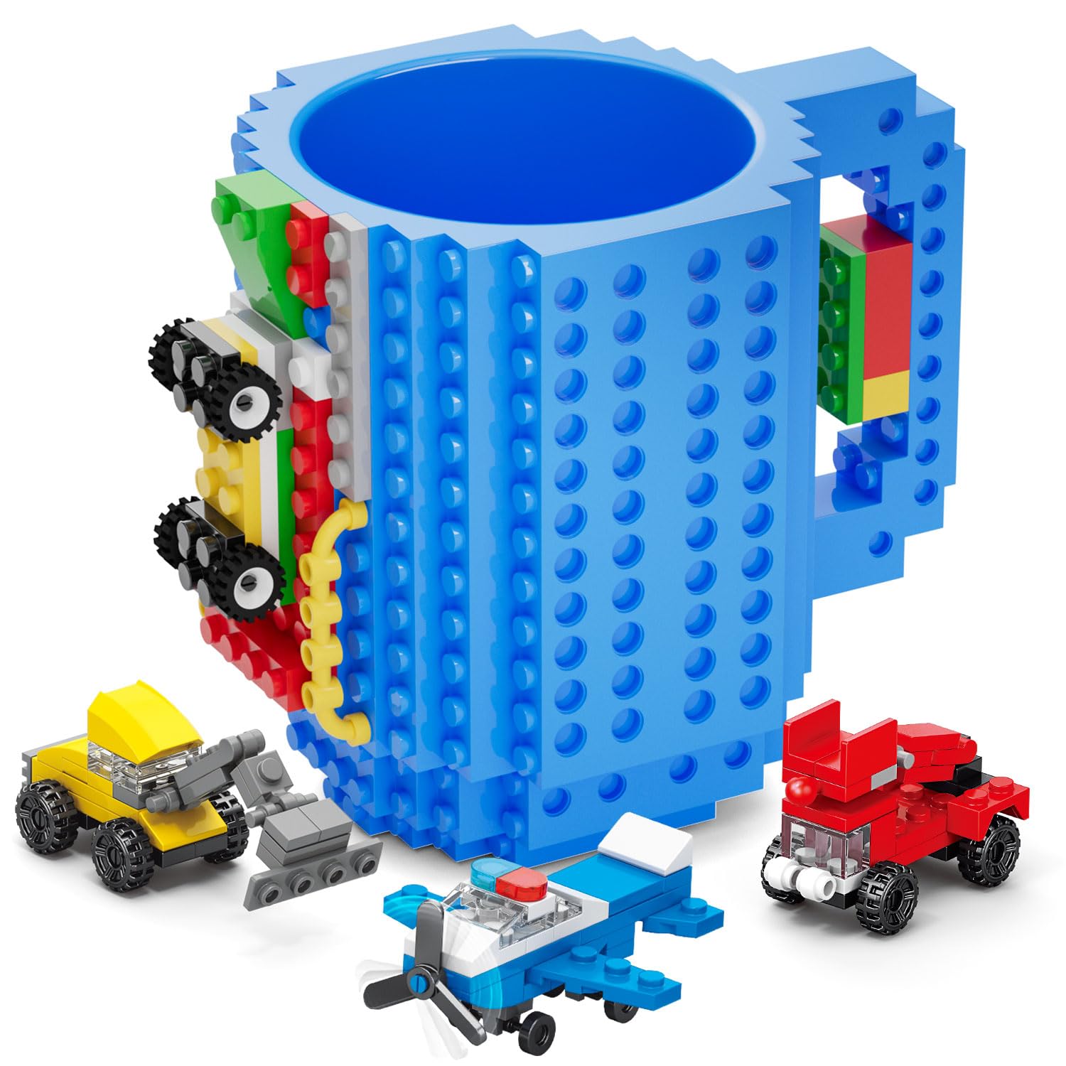 DAYMOO Build-on Brick Mug Set with 3 Random Packs of 2-in-1 Bricks, Funny Cool Coffee Mugs for Kids Men Him Dad Boys and Girls, Novelty Gifts for Christmas Xmas Easters Birthdays - Blue
