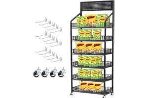 DoubleFill 1 Set 6 Tier Retail Display Rack Shelf Cart with Wheels and 15 Hook Heavy-Duty Metal Snack Potato Chip Display Organizer Concession Stand for Supermarket Grocery Store Home Black