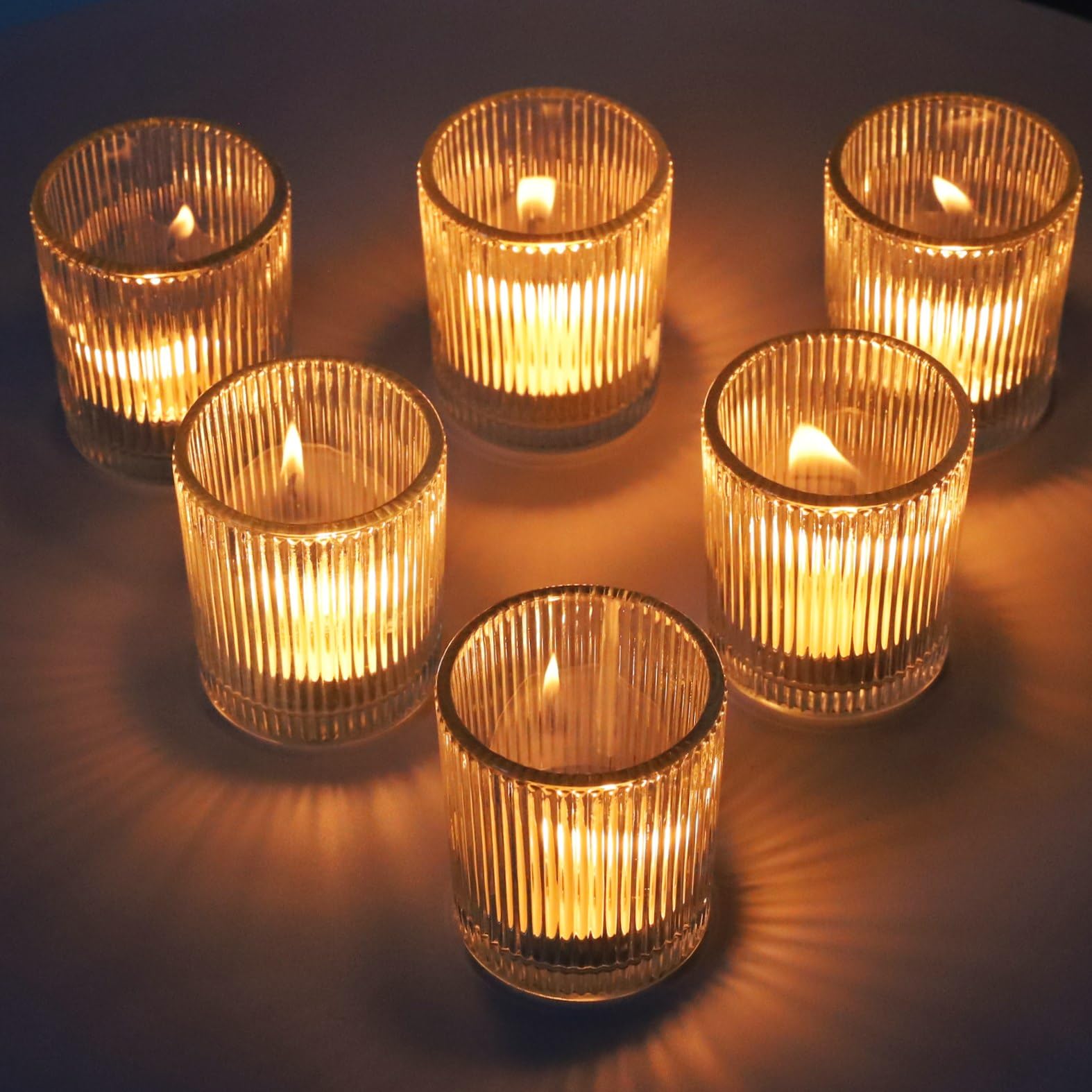 Vohocandle Ribbed Tea Light Candle Holders Bulk Set of 12, Clear Tealight Holders Vintage for Wedding, Glass Tea Light Holders for Party, Home Decor and Christmas Decoration（5.5cm W × 6.5cm H）
