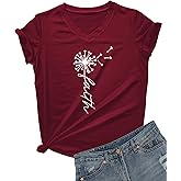 DANVOUY Faith T-Shirt for Women Funny Dandelion Print Short Sleeve Casual V-Neck Tee Tops