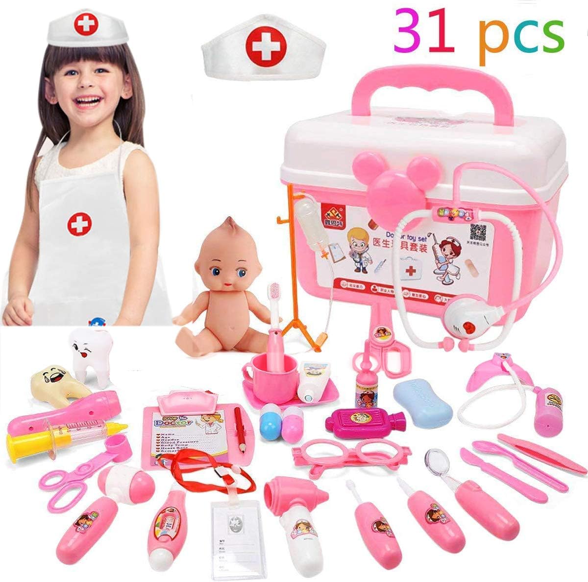 SINYUM Doctor Play Set with Nurse Clothing, Visual Height Table ,Doll and 31 Pieces of Doctor Pretend Tools - Realistic, Safe & Fun Doctor Kit Pretend Play Girls Toys