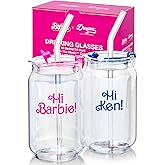 Dragon Glassware x Barbie The Movie - 16 oz Glass Cups with Lids and Straws, Set of 2 - Iced Coffee Cups with Lids - Glass Tumbler with Straw and Lid for Hot, Cold Drinks - Hi Barbie! Hi Ken!