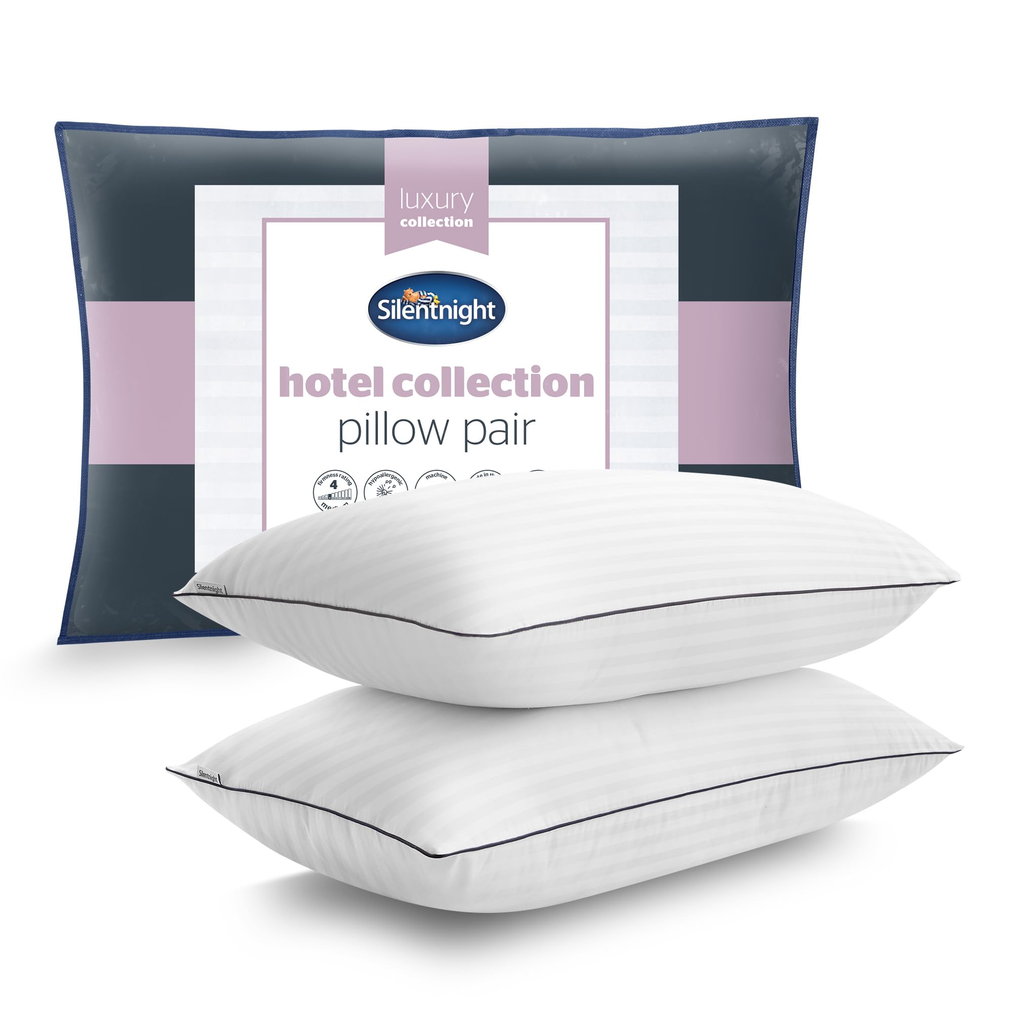 Silentnight Luxury Hotel Collection Piped Pillow - Hotel Quality Stylish Pillow Soft Medium Support for Back & Side Sleepers - Filled with Finest Fibres, Hypoallergenic and Machine Washable, Pack of 2