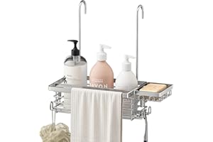 SHINEWON Hanging Shower Caddy, 304 Stainless Steel Shower Organizer with Towel Bar & Hooks, Over Shower Rod, Towel Bar or Gla
