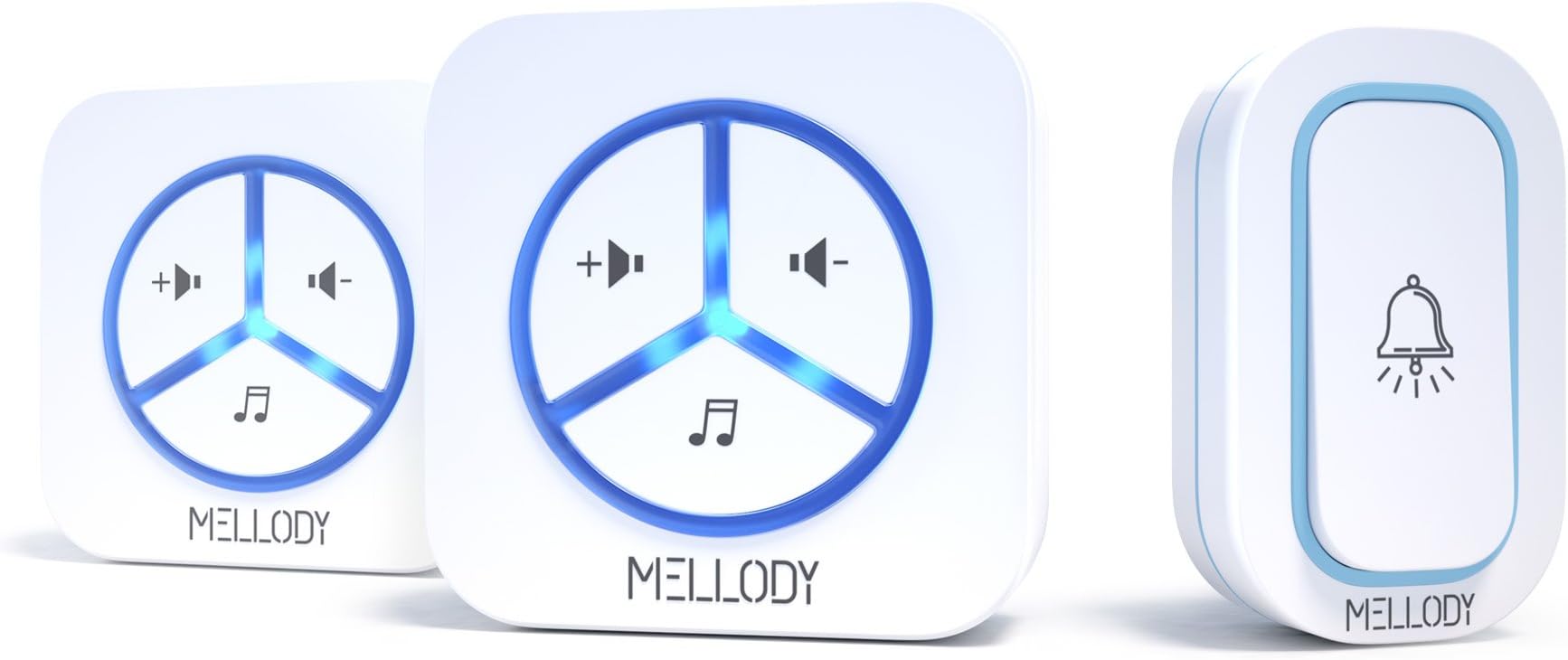 Mellody Wireless Doorbell Chime Kit Plug In Waterproof Door Entry Bell, 1000 Feet Range, 6-Level Volume & Blue Light, 2 Cordless Receivers, 1 Push Button (Transmitter), 48 Chimes.