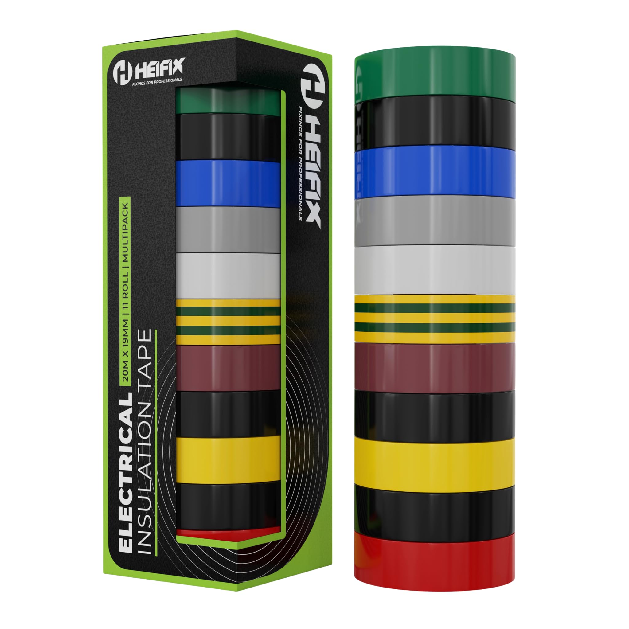 Heifix Premium Electrical Insulation Tape Set In Storage Box 20m x 19mm (Pack Of 11) - Black (x3), Green, White, Grey, Yellow, Blue, Red, Brown, Earth