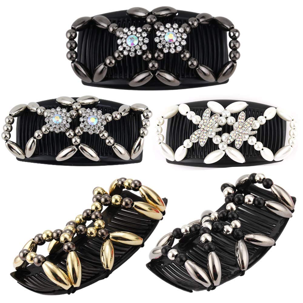 5Pcs Magic Beads Hair Comb Double Hair Combs Elastic Hair Holder Stretch Double Side Combs Clips Hair Magic Comb Clip DIY Hair Accessories Stretchy Hair Styling Tool