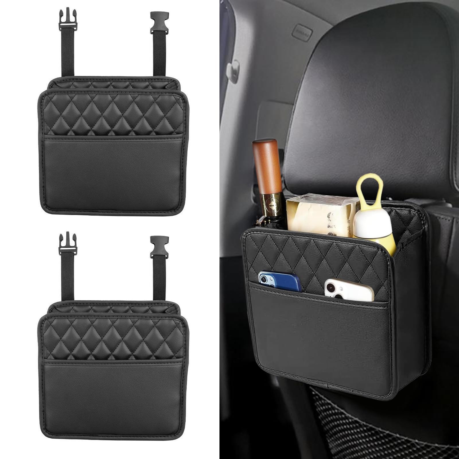 Photo 1 of 2 Pcs PU Leather Behind Seat Car Organizer, Multipurpose Hanging Bag Pocket for Most Cars (Black)