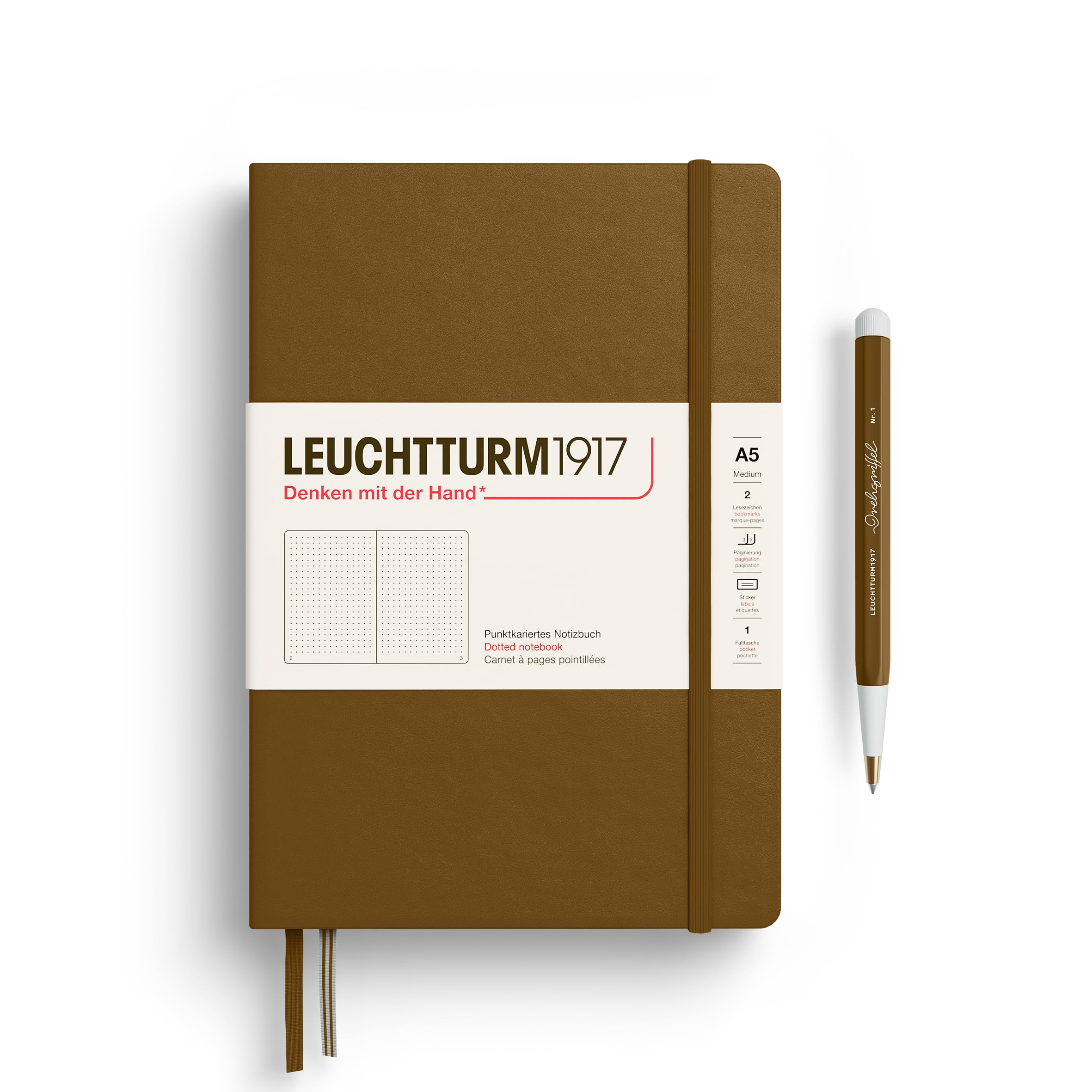 LEUCHTTURM1917 372197 Notebook Medium (A5), Hardcover, 251 Numbered Pages, Spice Brown, Dotted