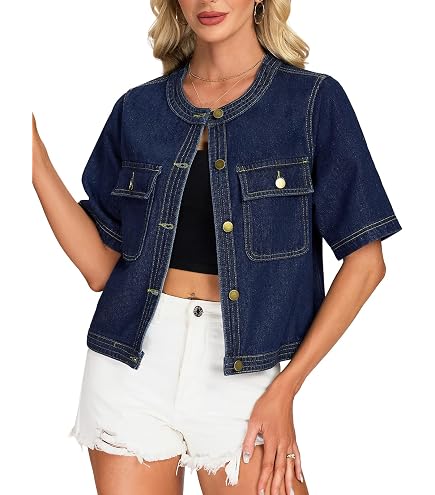 Trendy XU Women Summer Simple Short Sleeve Denim Jacket Collarless