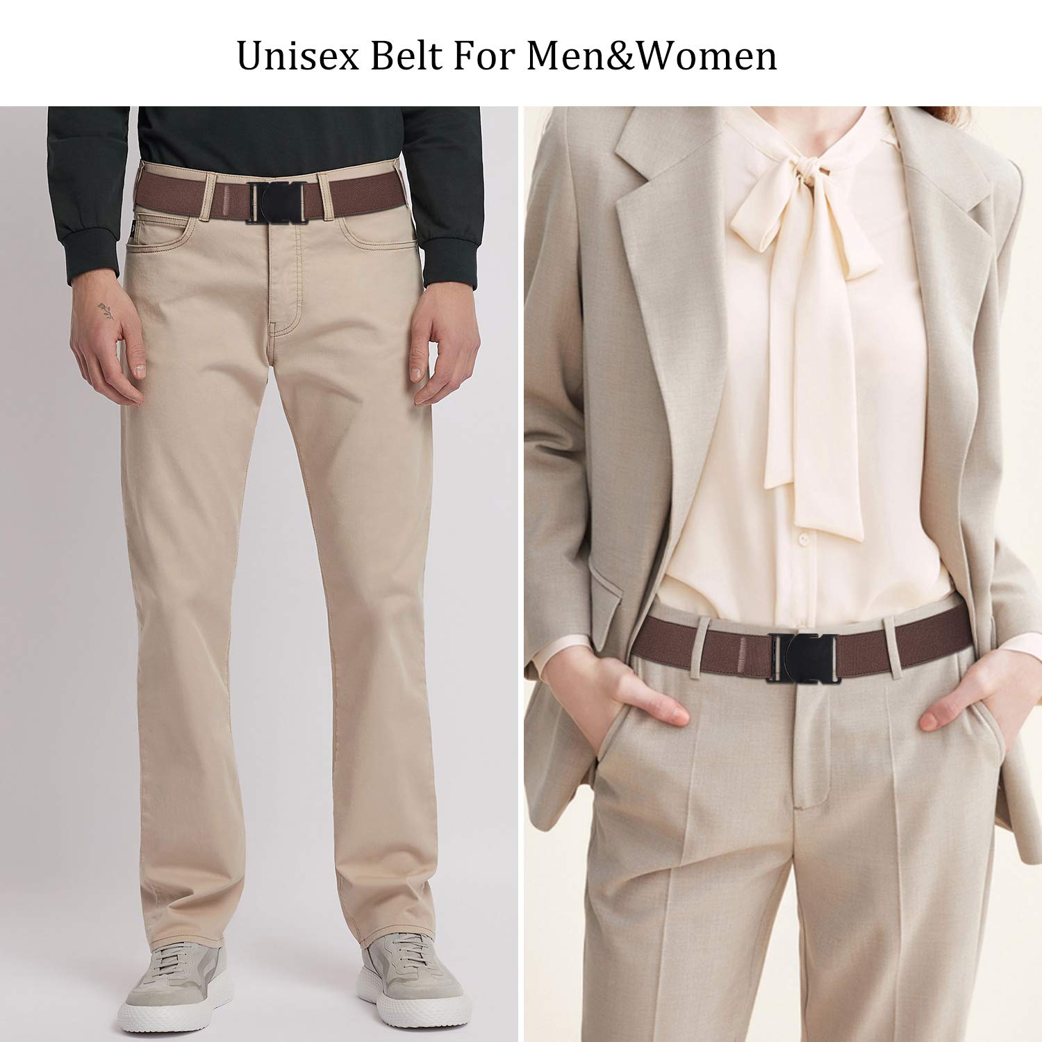 LEACOOLKEY Nickle Free Metal Free Belt, No Show Mens Stretch Belts - Elastic Webbing Belt with Flat Plastic Buckle, Travel Friendly Men Belt(Coffee, Pants Size Below 34 Inches)