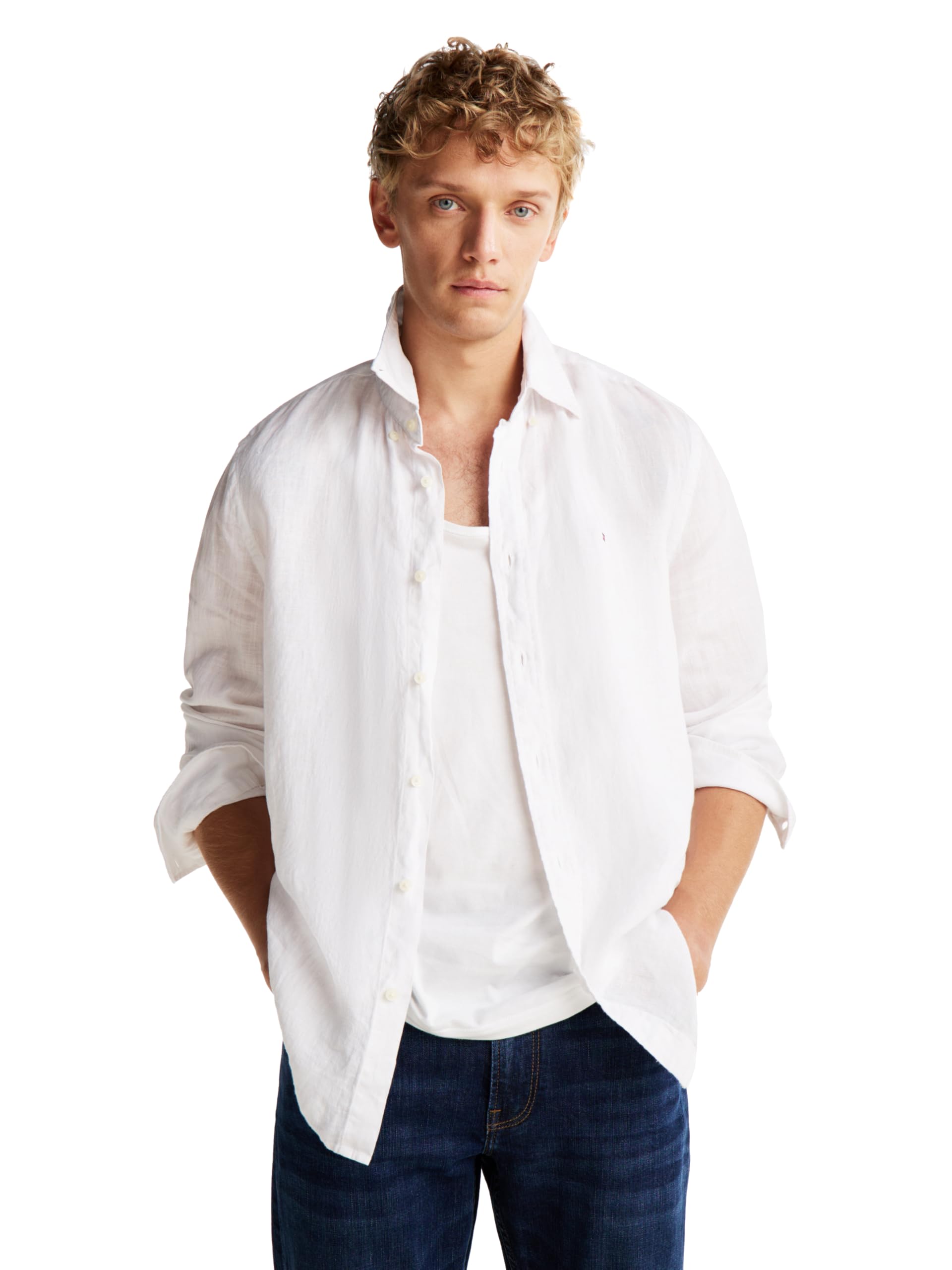 Tommy Hilfiger Men’s Pigment Dyed Linen Regular Long Sleeve Shirts Optic White