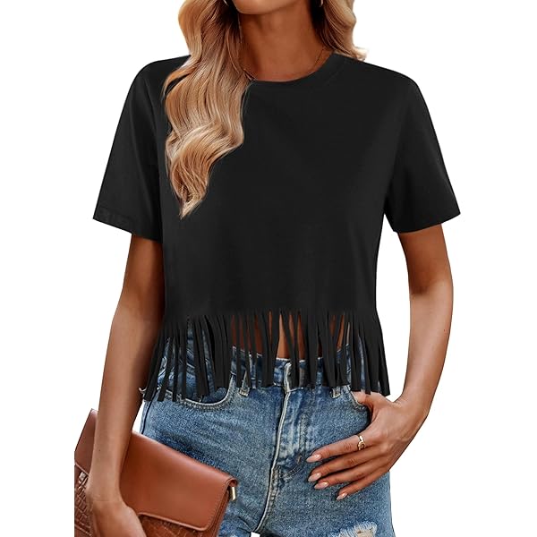 Verdusa Women's Short Sleeve Fringe Tops Tassel Trim Cowgirl