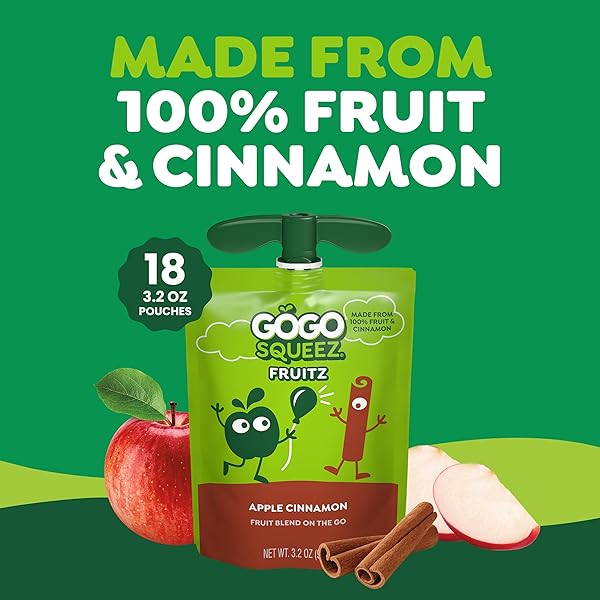 GOGO SQUEEZ NO SUGAR ADDED APPLESAUCE AND FRUIT PUREE, APPLE CINNAMON, 3.2 OZ POUCHES (PACK OF 18), FRUIT SNACKS FOR KIDS, GLUTEN FREE, NUT FREE, RECLOSEABLE CAP, BPA FREE