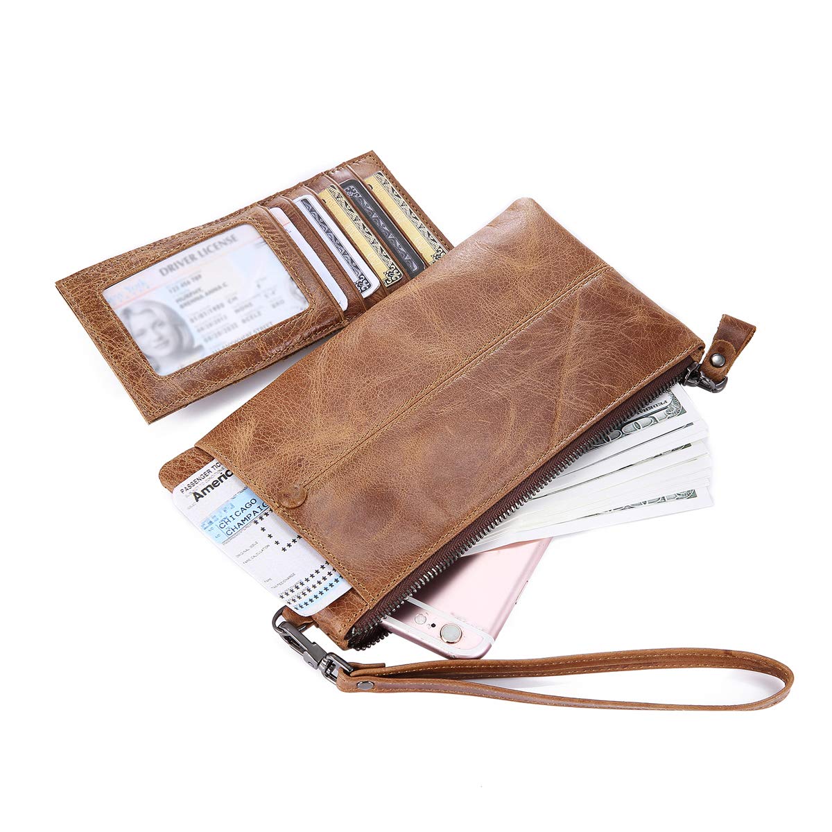 IVESIGN Zipper Wallet RFID Blocking Credit Card Holder Genuine Leather With Wristlet