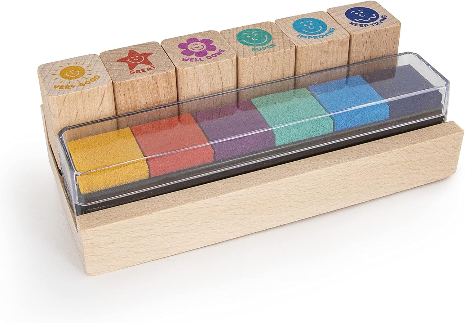 TRENDHAUS 955715 Stamp Set English, 6 Teacher Stamps with Colourful Ink Pad, Wooden Stamp for Children, for Teachers, Wood