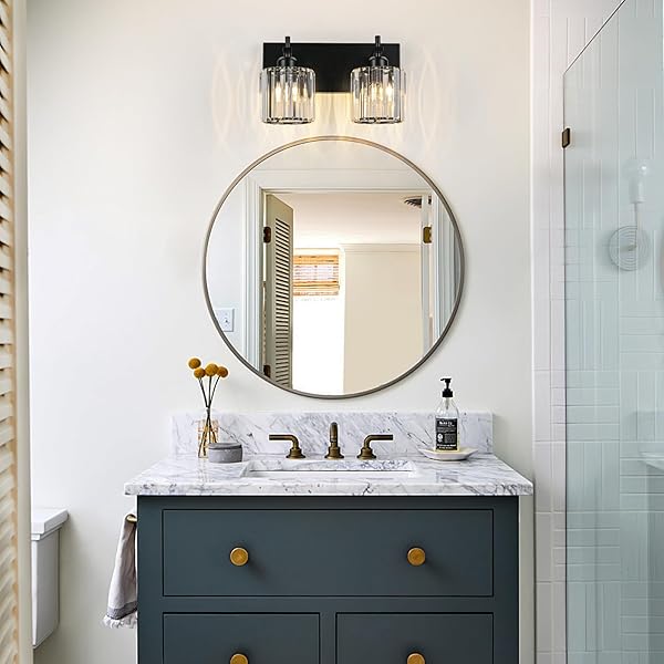HUOKU BLACK CRYSTAL BATHROOM VANITY LIGHTS, MODERN 2-LIGHTS BATHROOM LIGHTING FIXTURES OVER MIRROR, CRYSTAL WALL LIGHTING WITH ROUND SHADE
