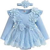 Covvoliy Baby Girl Tulle Birthday Party Princess Dress Long Sleeve Lace Flower Tutu Romper Dress Newborn Fall Clothes