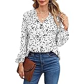 BLENCOT Women's Casual Boho Floral Print Chiffon Blouses Smocked V Neck Long Sleeve Loose Tops Shirts