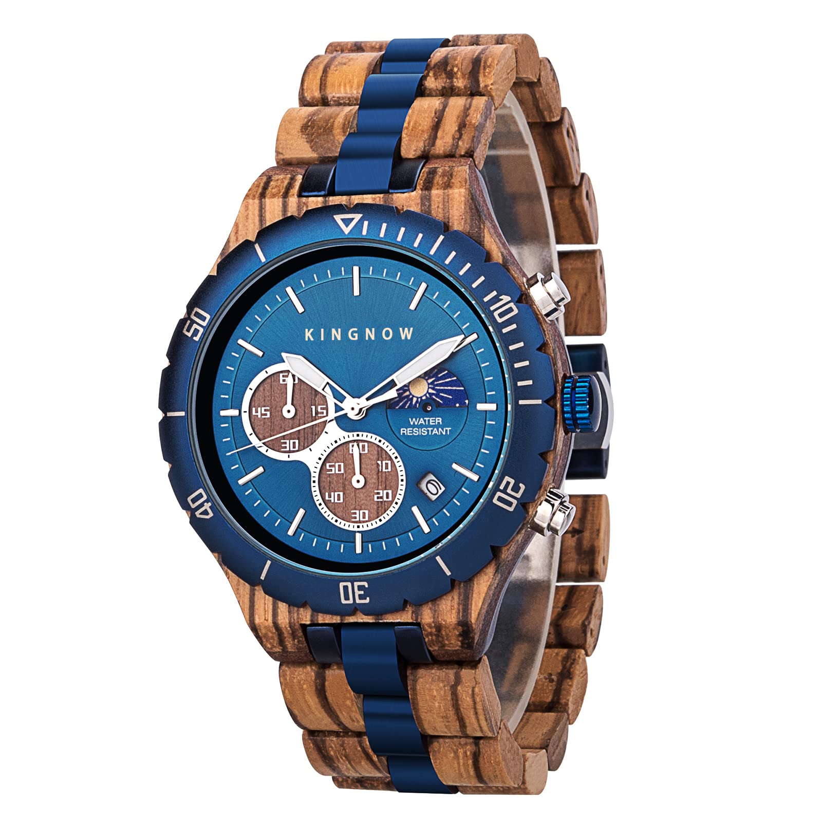 wooden watch men watch men wooden watch sun glow light weight waterproof luxury quartz watch birthday gift wooden watch for men KINGNOW, blue - GT111, Bracelet Type