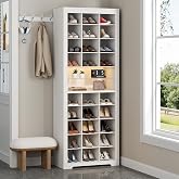 11-Tier Shoe Storage Cabinet, Wooden White Shoe Rack with 27 Cubbies | 69" Tall Free Standing Shoe Organizer with LED Lights &amp; Adjustable Shelf for Closet, Display Cabinet for Living Room