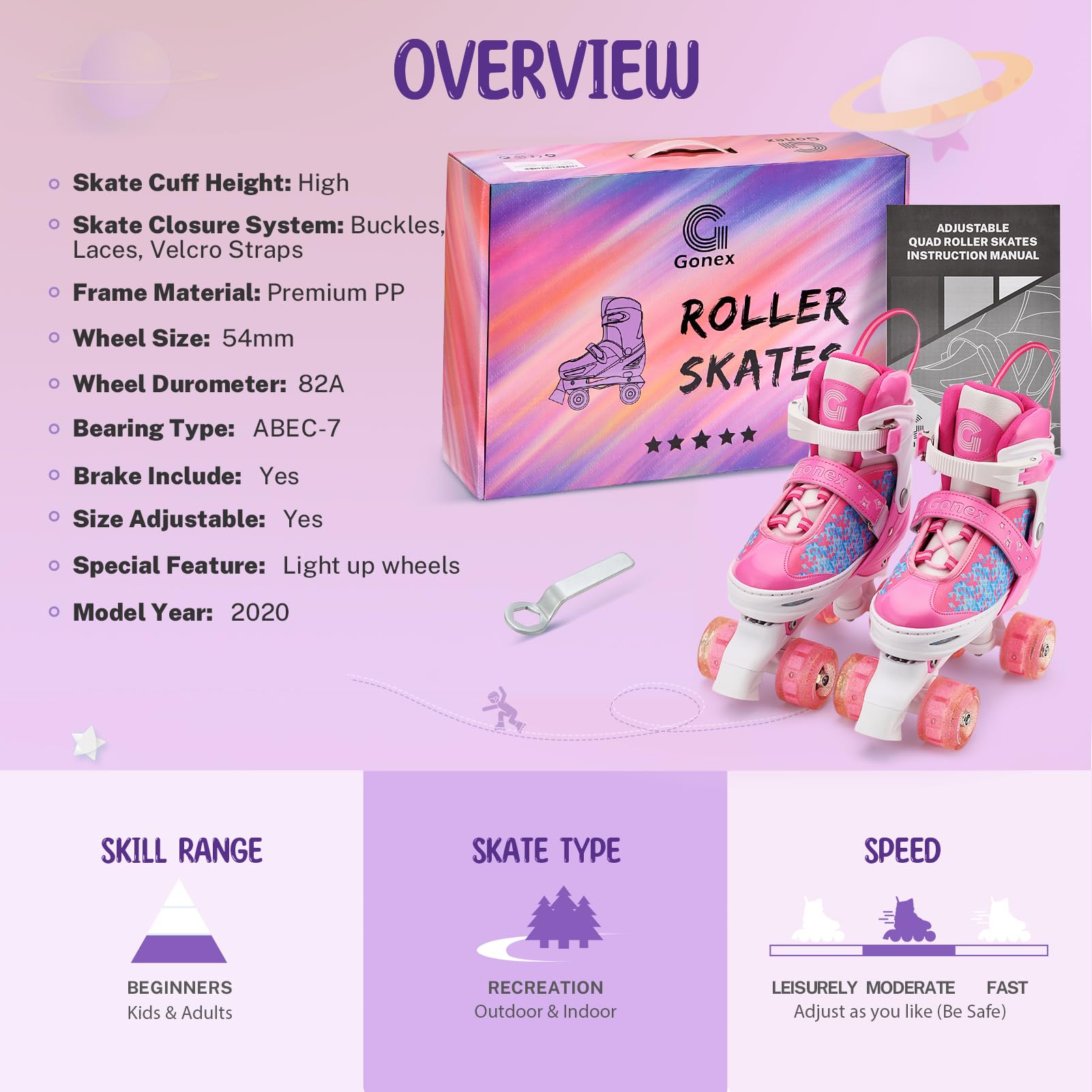 Gonex Verstellbar Rollschuhe, Leuchtenden Rädern Roller Skates für Mädchen Jungen Kinder Erwachsene (S (31-34) EU, ROSA) 7