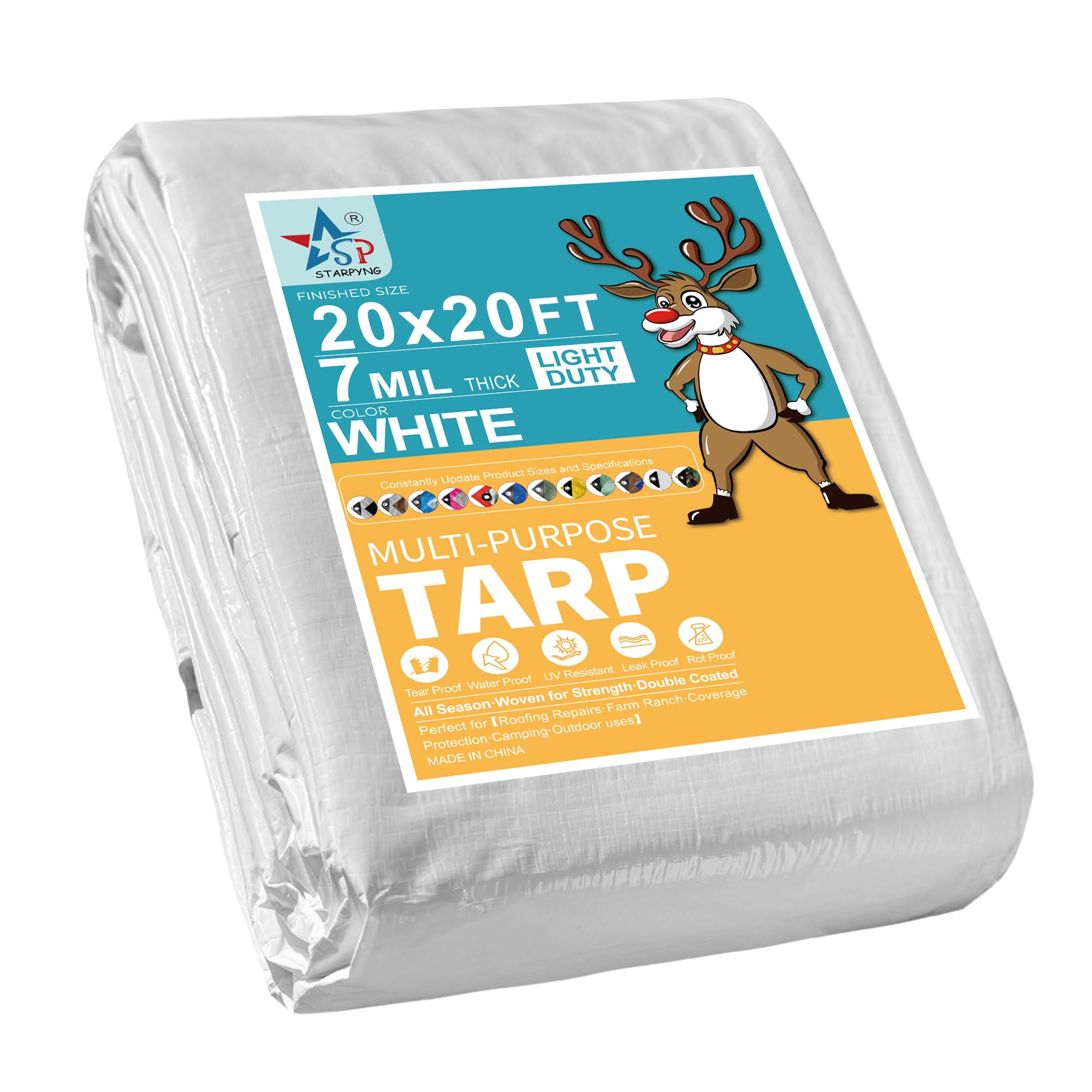 STARPYNG-7 Mil White 20x20 Feet Tarp-Multifunctional White Waterproof Tarpaulin-Waterproof, UV Resistant, Rip and Tear Resistant, Poly Tarpaulin with Reinforced Edges for Cover Image