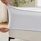 MIYE Jacquard Fabric Box Spring Cover,Super Stretchy Wrap Around 4 Sides Elastic Bed Skirt,Wrinkle &amp; Fading Resistant,Washable &amp; Easy Fit. (White, Queen)