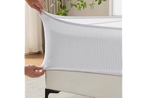 MIYE Jacquard Fabric Box Spring Cover,Super Stretchy Wrap Around 4 Sides Elastic Bed Skirt,Wrinkle & Fading Resistant,Washable & Easy Fit. (White, Queen)