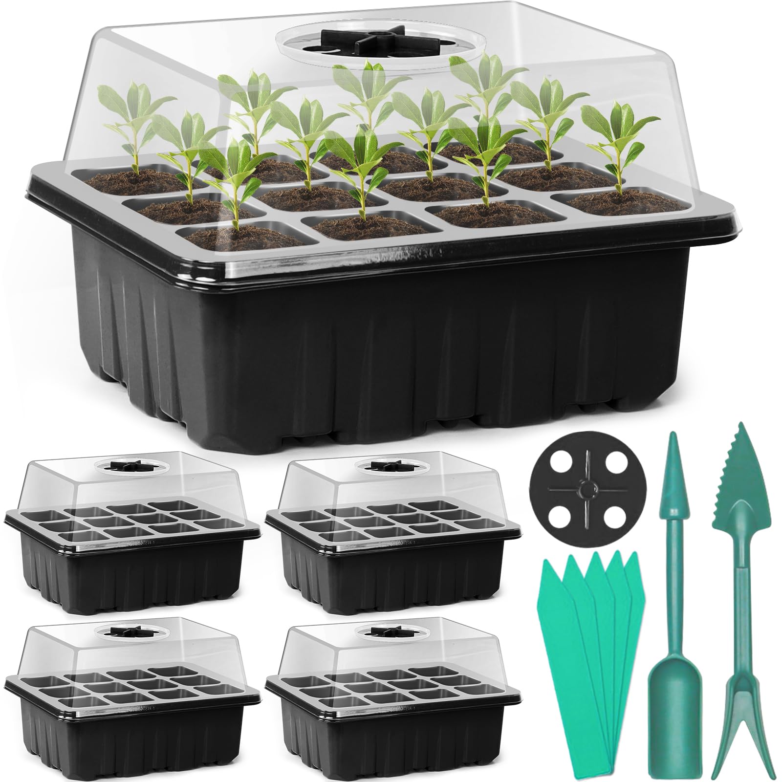 Sfee 5 Pack Seed Starter Tray Kit, 60 Cells Seedling Trays with Humidity Dome and Base Greenhouse Grow Trays, Reusable Mini Propagator for Seed Starting Germination with Garden Tools Labels（Black）