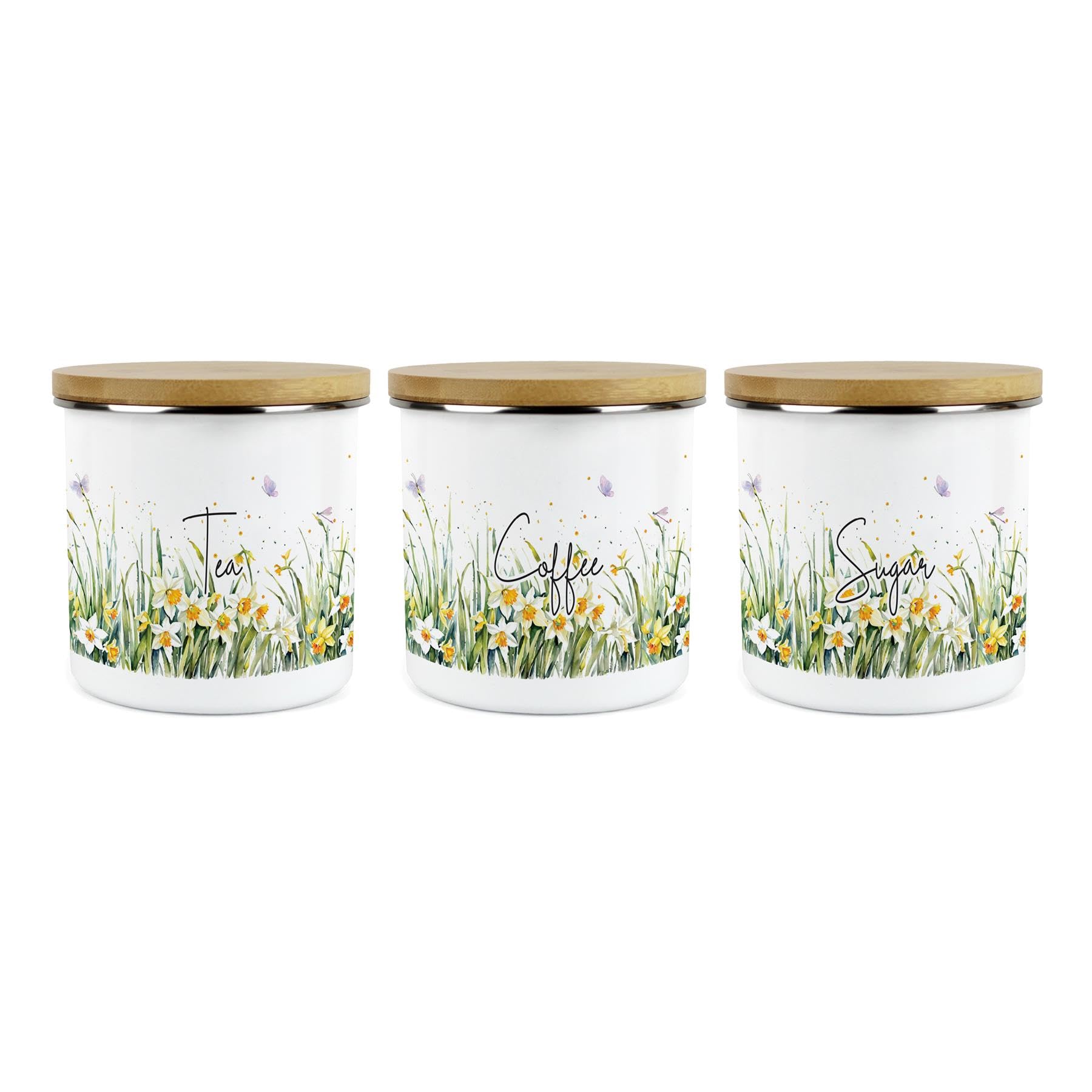 Purely Home Spring Daffodils Tea Coffee Sugar Canister Set - Floral Nature Metal/Enamel Hot Drinks Storage Container Jars Set of 3