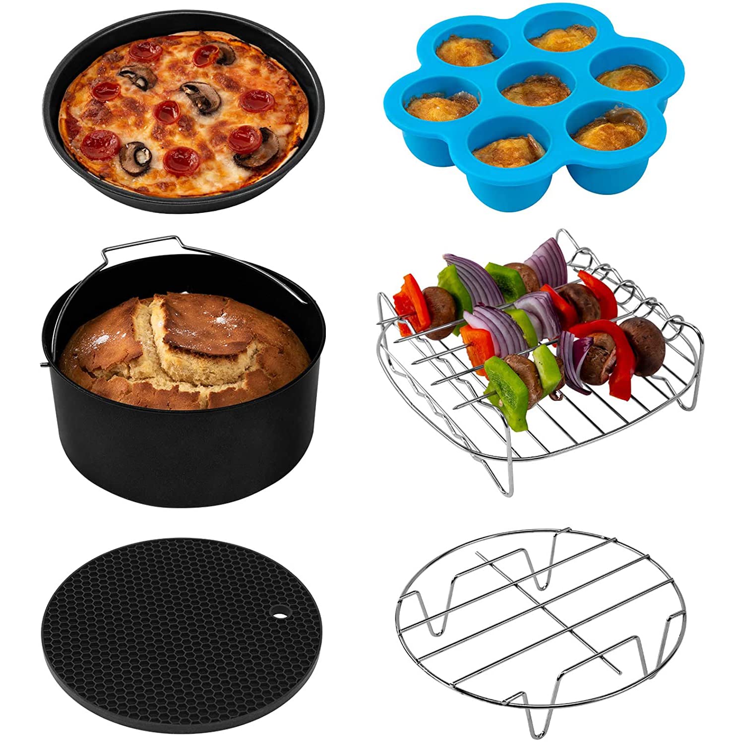 Cosori Accessoires De Friteuse Sans Huile 5,5 Litre, Plateau À Pizza/Corbeille À Pain/Support En Métal/Moule À Cake/Grille De Cuisson/Cuisson À La Vapeur, C158-6Ac